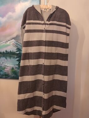 Soft Surroundings NWOT Hooded Sleeveless Duster Vest Gray Cream Stripe L/XL